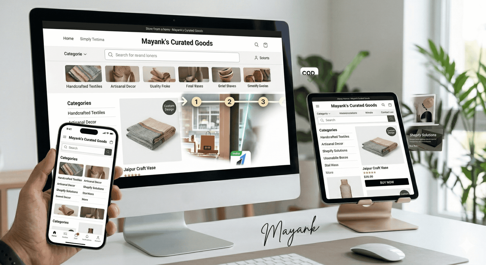 A photographic comparison of a modern e-commerce website design. A large desktop monitor, a vertical tablet, and a smartphone (held in a designer's hand) all display the same cohesive, high-performance 'Mayank Bothra' branded Shopify homepage. The layout demonstrates seamless UI/UX responsiveness, highlighting mobile-optimized product categories and a prominent 'Buy Now' button.