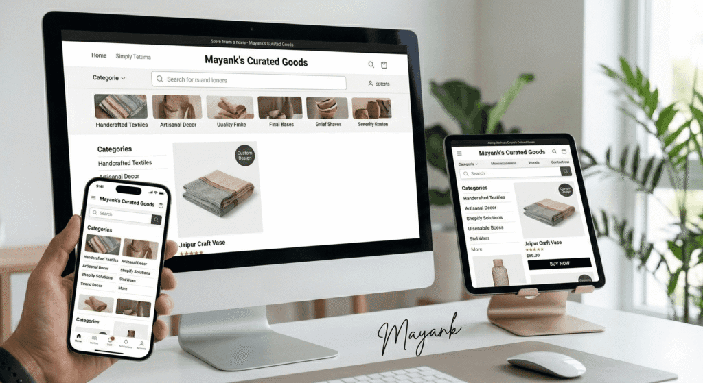 A close-up of a deep-dive performance dashboard for an Indian Shopify store. The screen shows detailed analytical graphs for 'RTO (Return to Origin) Breakdown' and 'Order Verification Success.' A specific data panel displays the integrated 'Shiprocket' logistics app. On the desk, a small artisanal package is on a digital scale, receiving an automated shipping label, with the stylized 'Mayank' signature visible on the workspace surface.