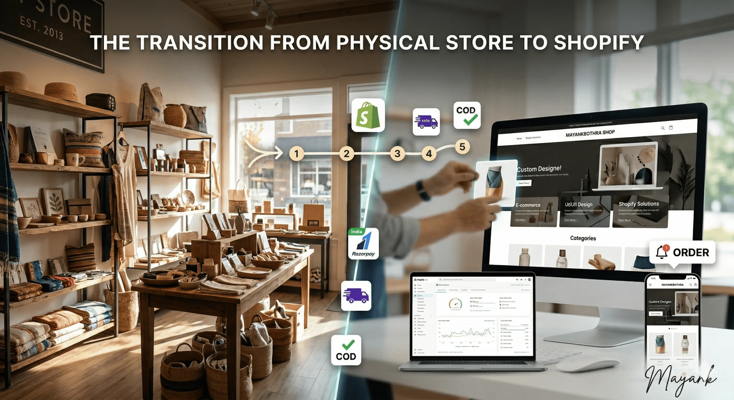 A split-screen image: on the left, a traditional Indian artisanal goods shop; on the right, a modern digital workspace displaying a Shopify dashboard with conversion analytics. A glowing timeline connects the two, marking steps 1 through 5, and includes icons for Shopify, Shiprocket, Razorpay, and Cash on Delivery (COD), representing a complete retail digital transformation.